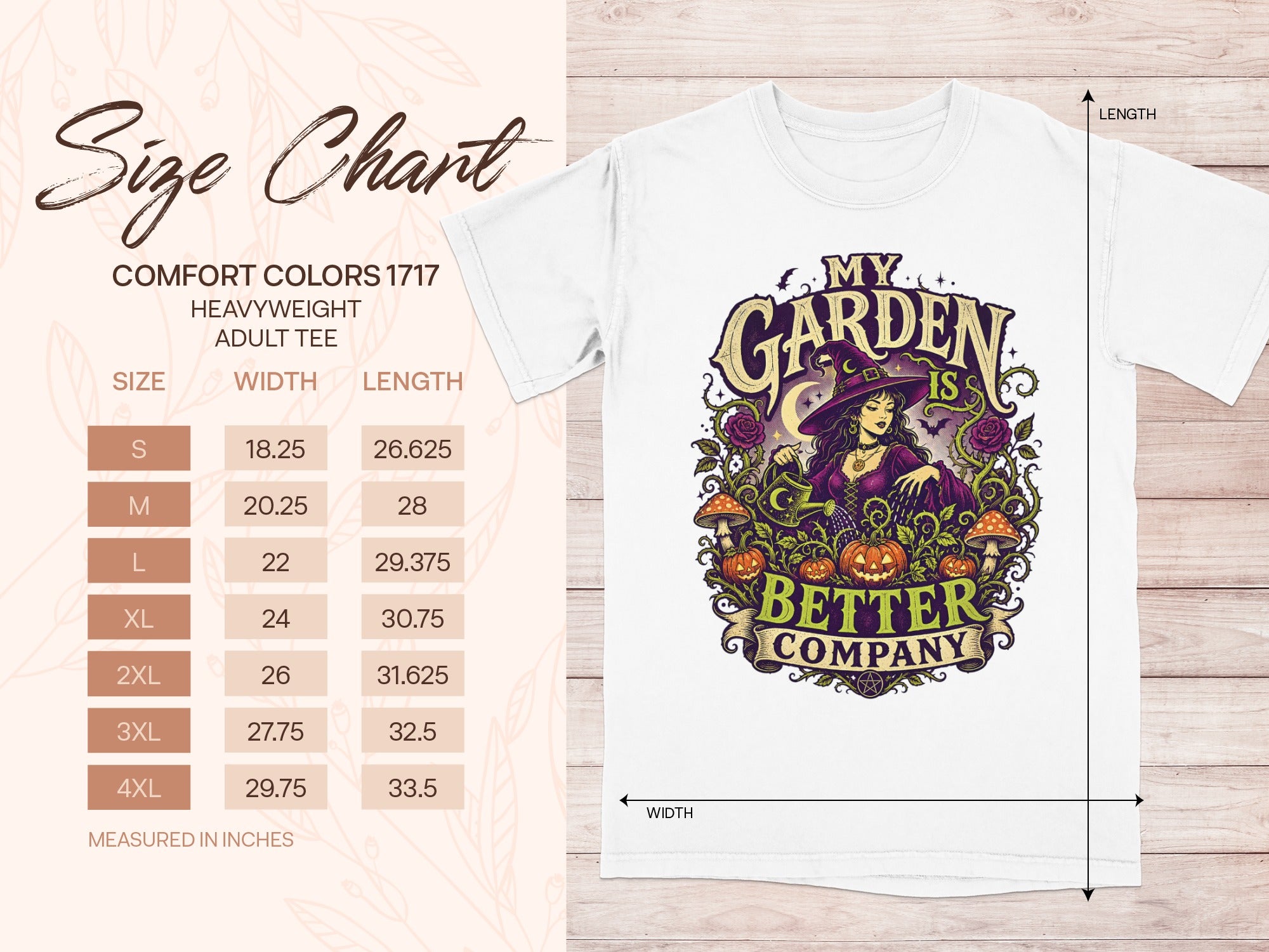 Comfort Colors 1717 Heavyweight Adult Tee size chart with measurements in inches.