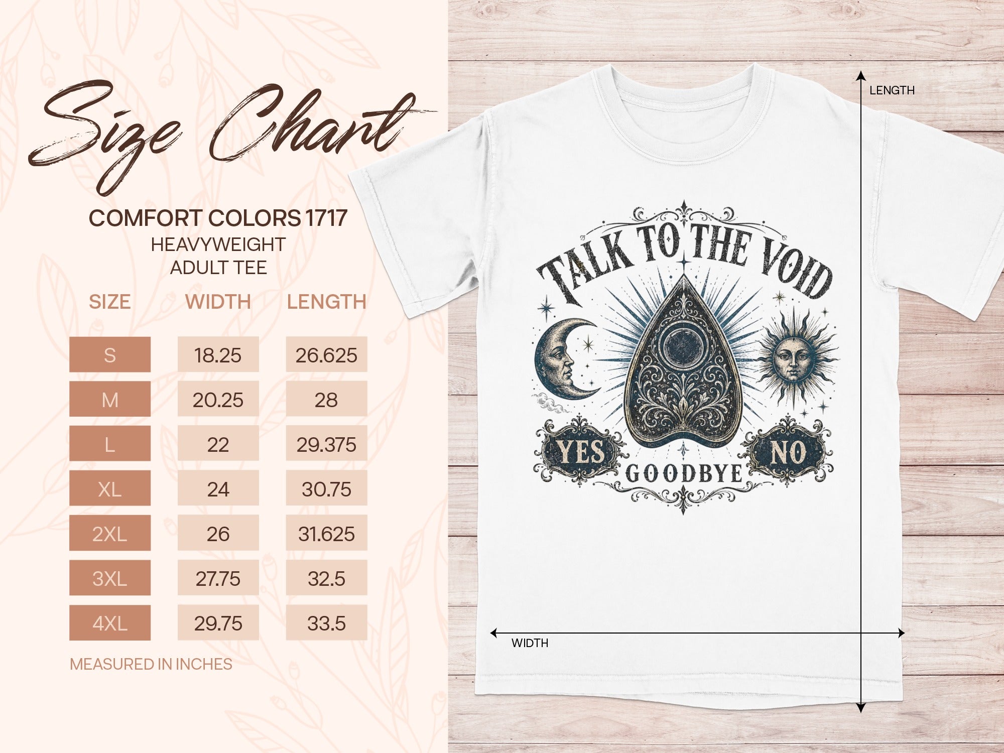 T-shirt size chart for Comfort Colors 1717 heavyweight adult tee.