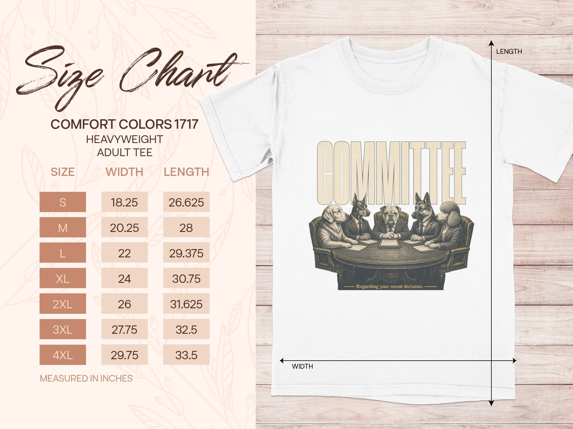 Size chart for Comfort Colors 1717 heavyweight adult tee with vintage dogs at a meeting print.