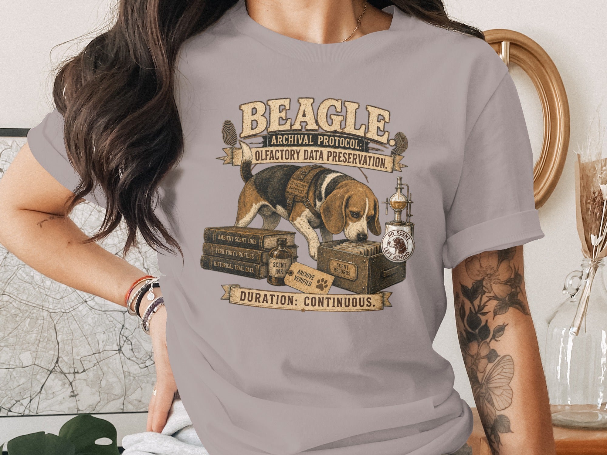 Beagle archival protocol olfactory data preservation design with dog, books, and vials.