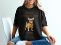 Black t-shirt with "Main Character Energy" text and chihuahua graphic.