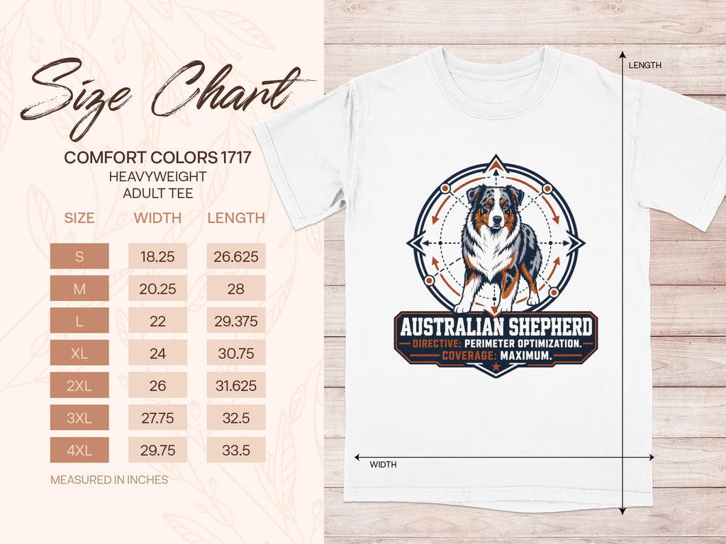 Australian Shepherd graphic tee size chart for Comfort Colors 1717 heavyweight adult tee.