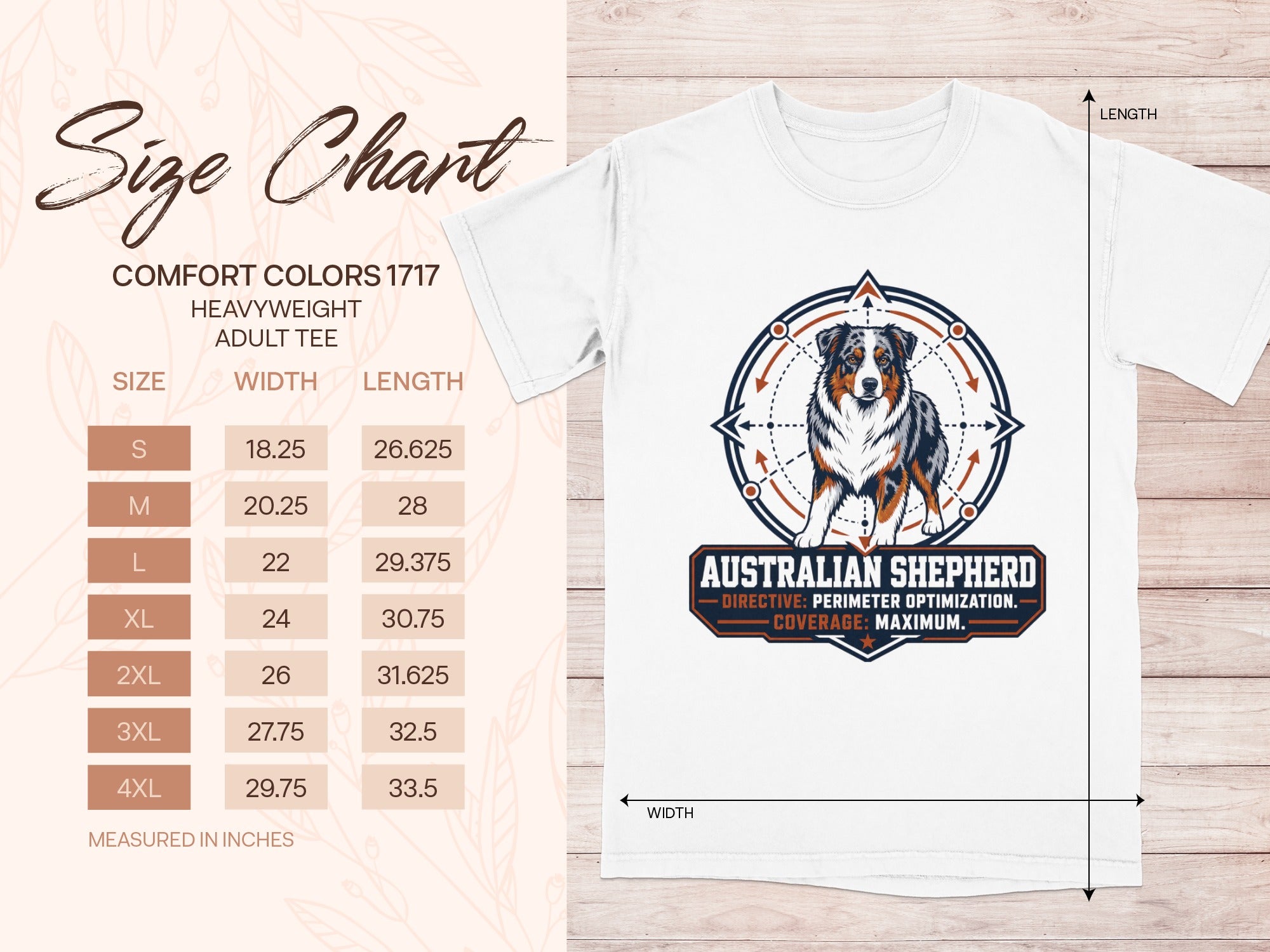 Australian Shepherd graphic tee size chart for Comfort Colors 1717 heavyweight adult tee.