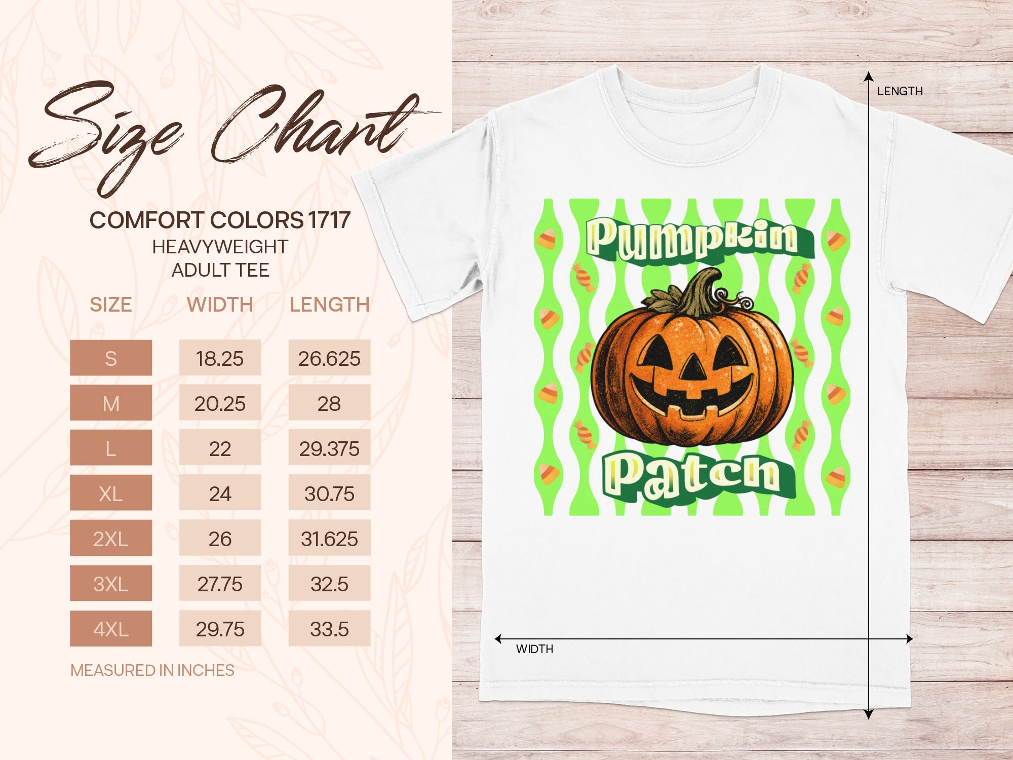 Size chart for Comfort Colors 1717 heavyweight adult tee with pumpkin print.