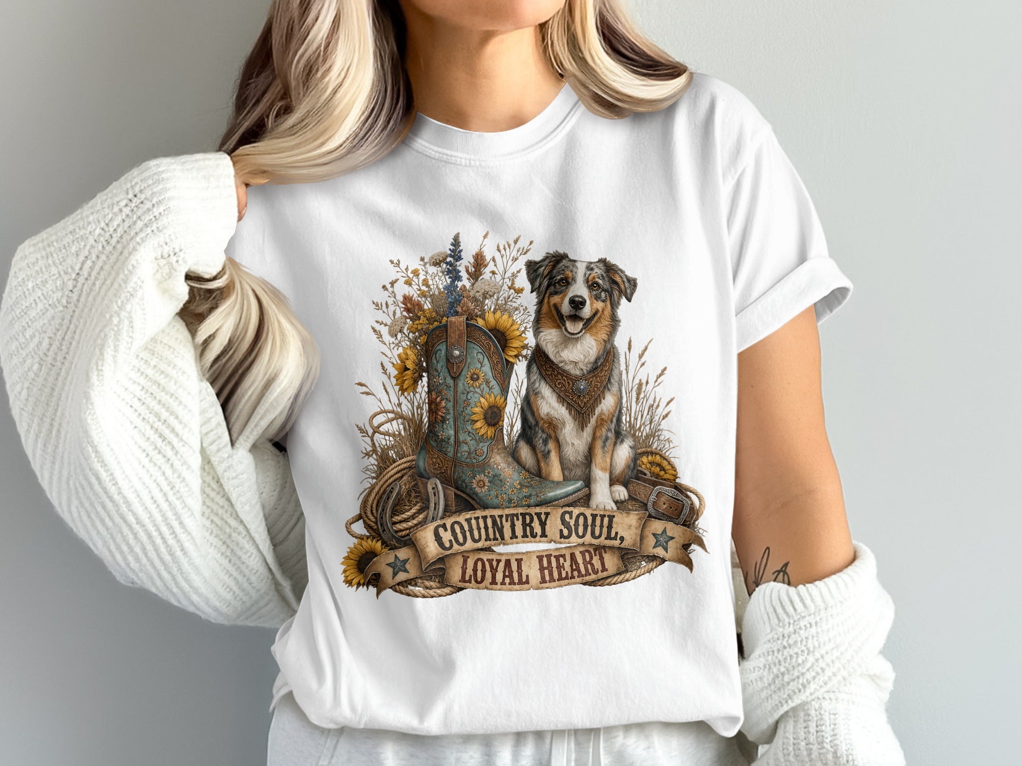 White t-shirt with a dog and cowboy boot graphic that reads "Country Soul, Loyal Heart."