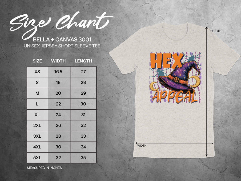 Size chart for Bella + Canvas 3001 unisex tee with "Hex Appeal" graphic.