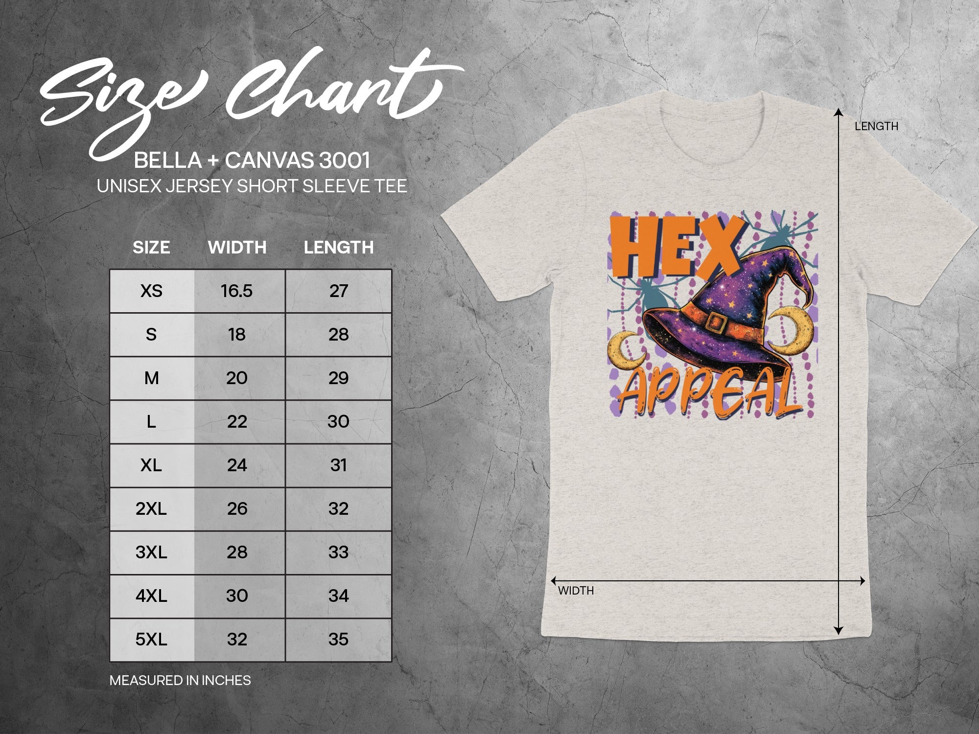 Size chart for Bella + Canvas 3001 unisex tee with "Hex Appeal" graphic.