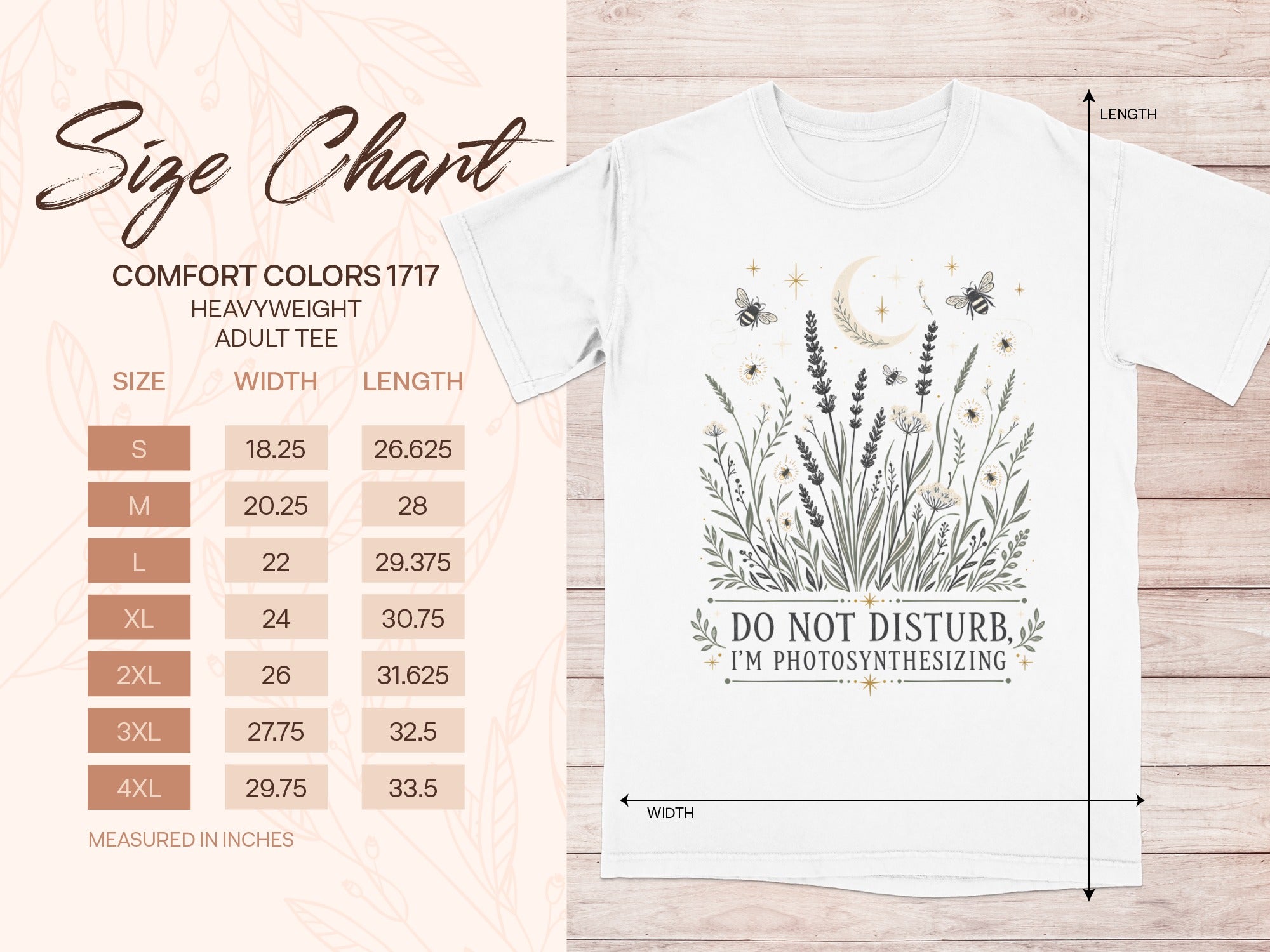 White adult tee with moon, bees, and botanical print; size chart.