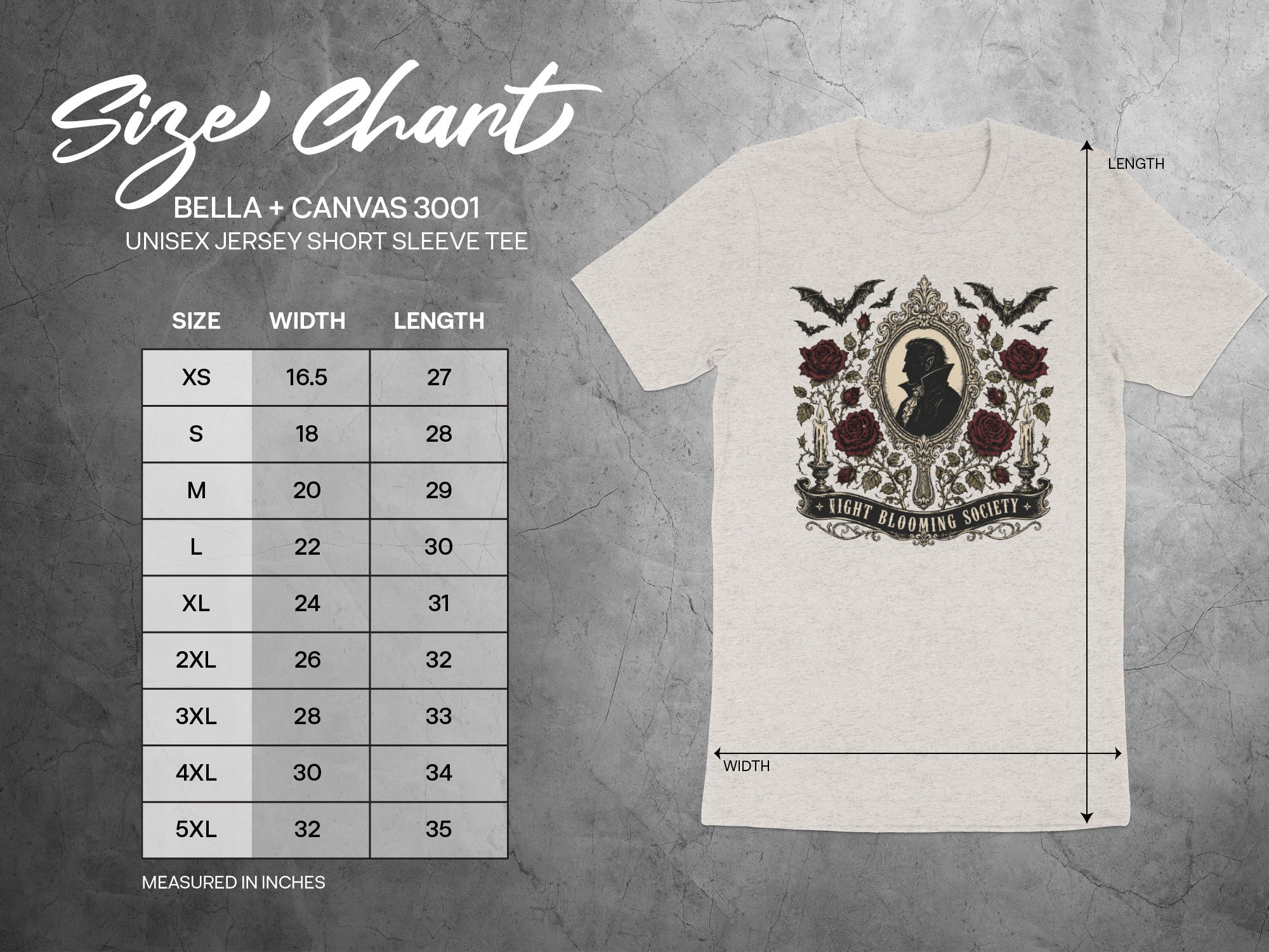 BELLA + CANVAS 3001 size chart with unisex jersey short sleeve tee measurements.