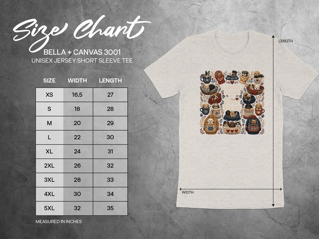 Bella + Canvas 3001 unisex tee size chart with width and length measurements in inches.