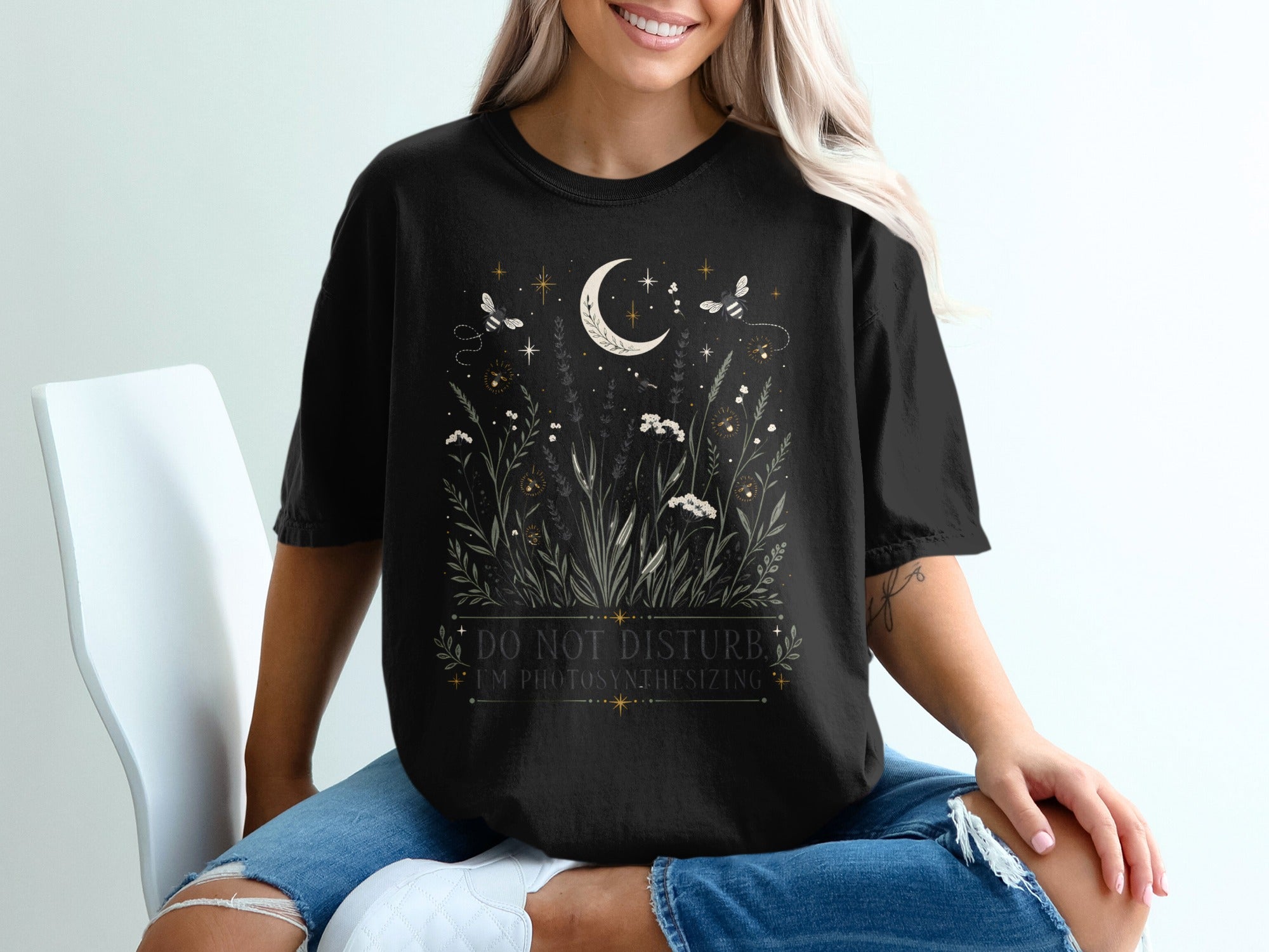 Black t-shirt with celestial garden graphic and "Do Not Disturb, I'm Photosynthesizing."