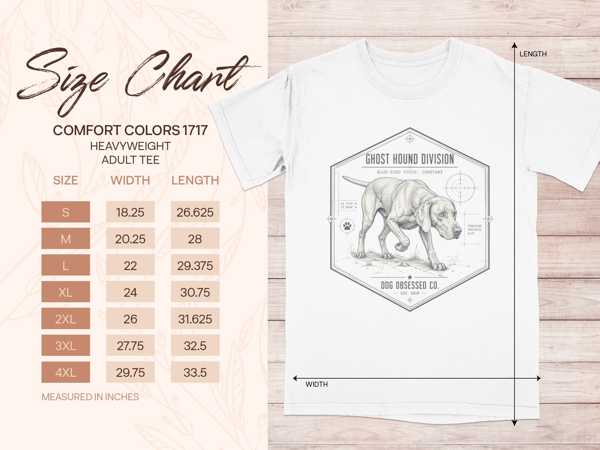 Comfort Colors 1717 size chart for adult heavyweight tees.