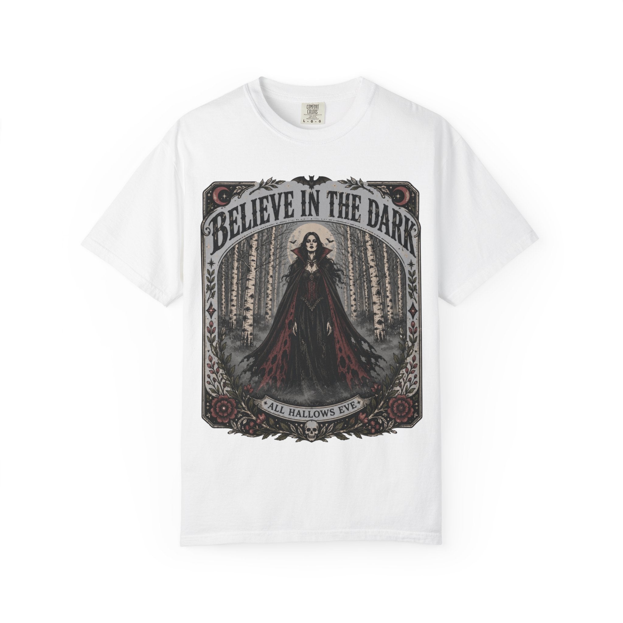 Believe in the Dark Gothic T-Shirt — All Hallows Eve Witch Design