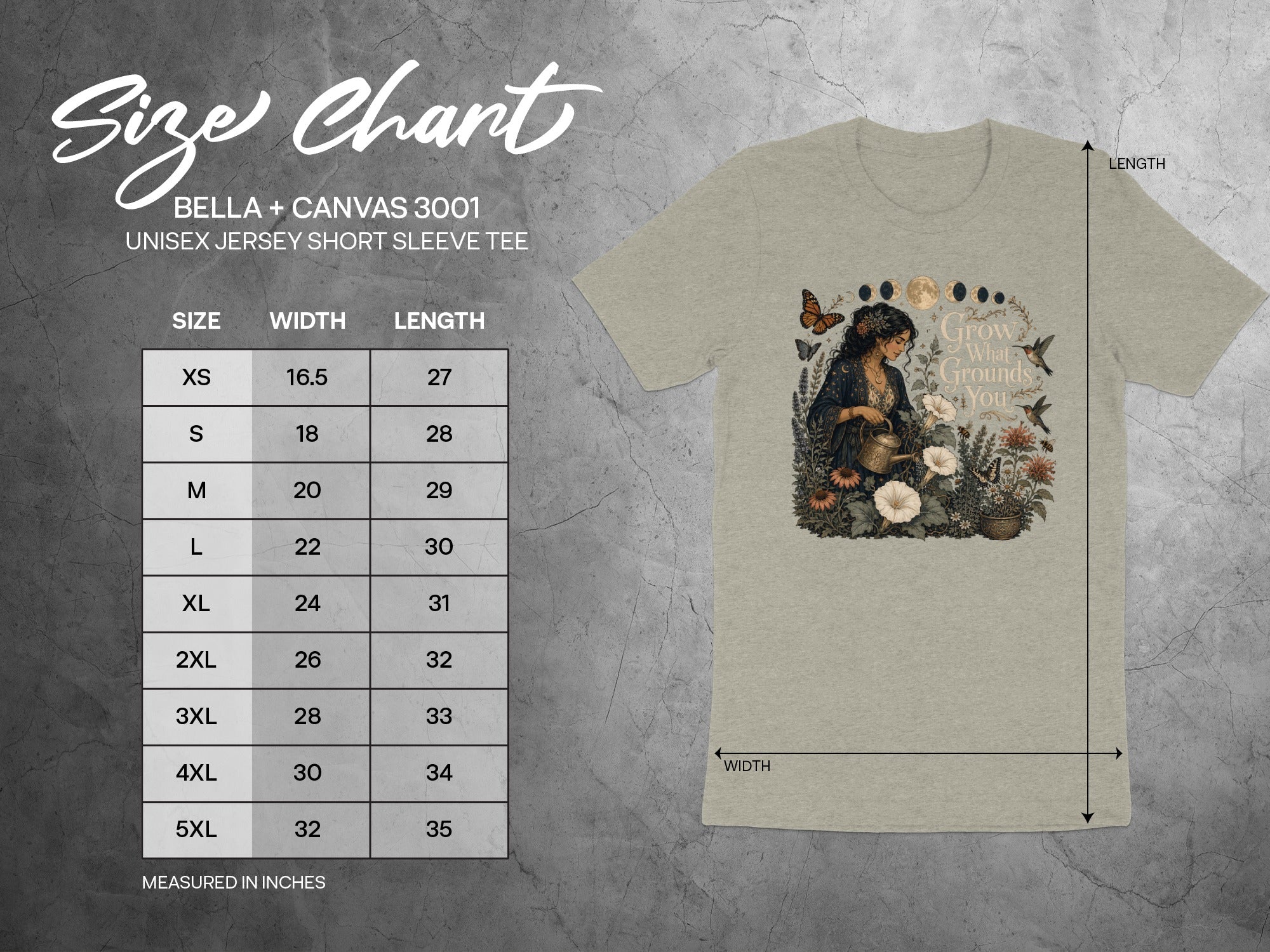 Bella+Canvas 3001 size chart for unisex jersey short sleeve tee with garment graphic.