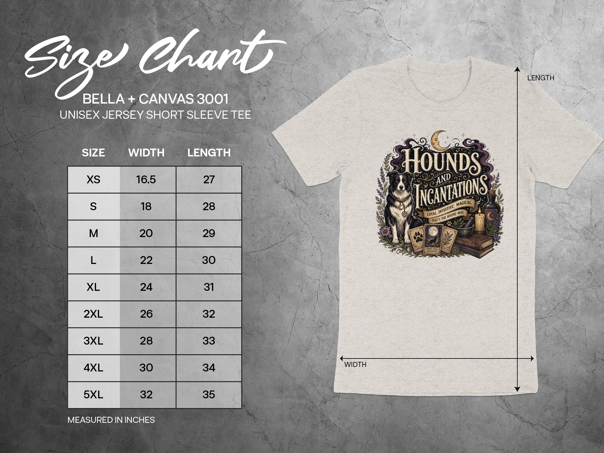 Size chart for a Bella + Canvas 3001 unisex t-shirt with a "Hounds and Incantations" graphic.