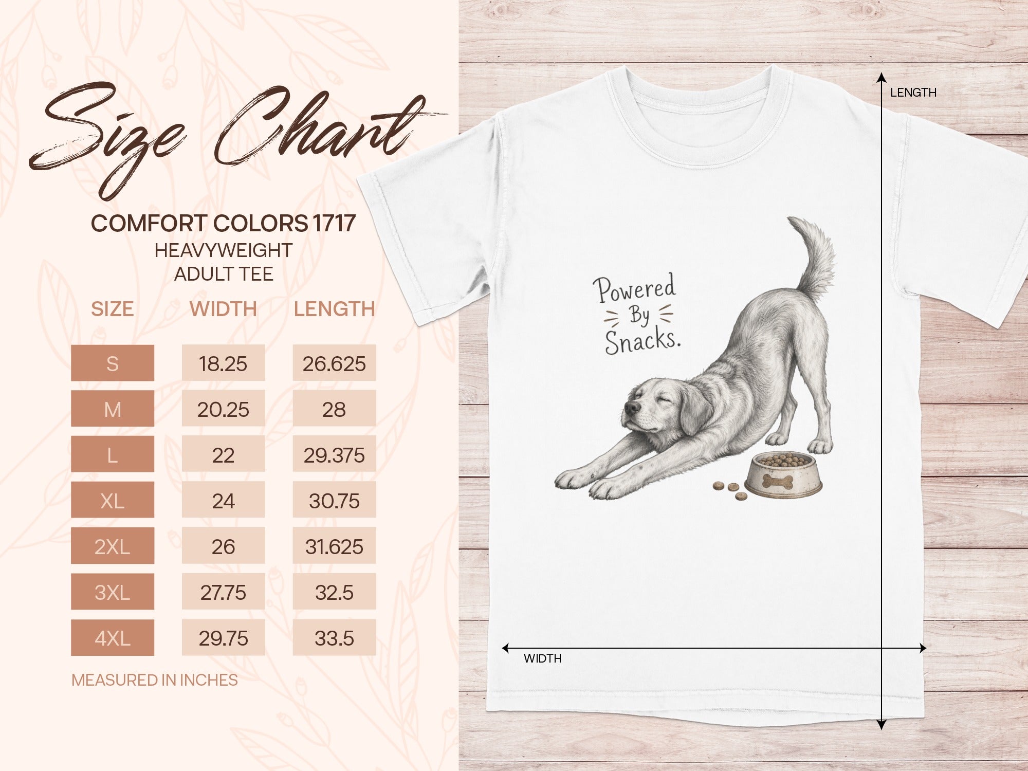 Size chart for Comfort Colors heavyweight adult tee with dog graphic.