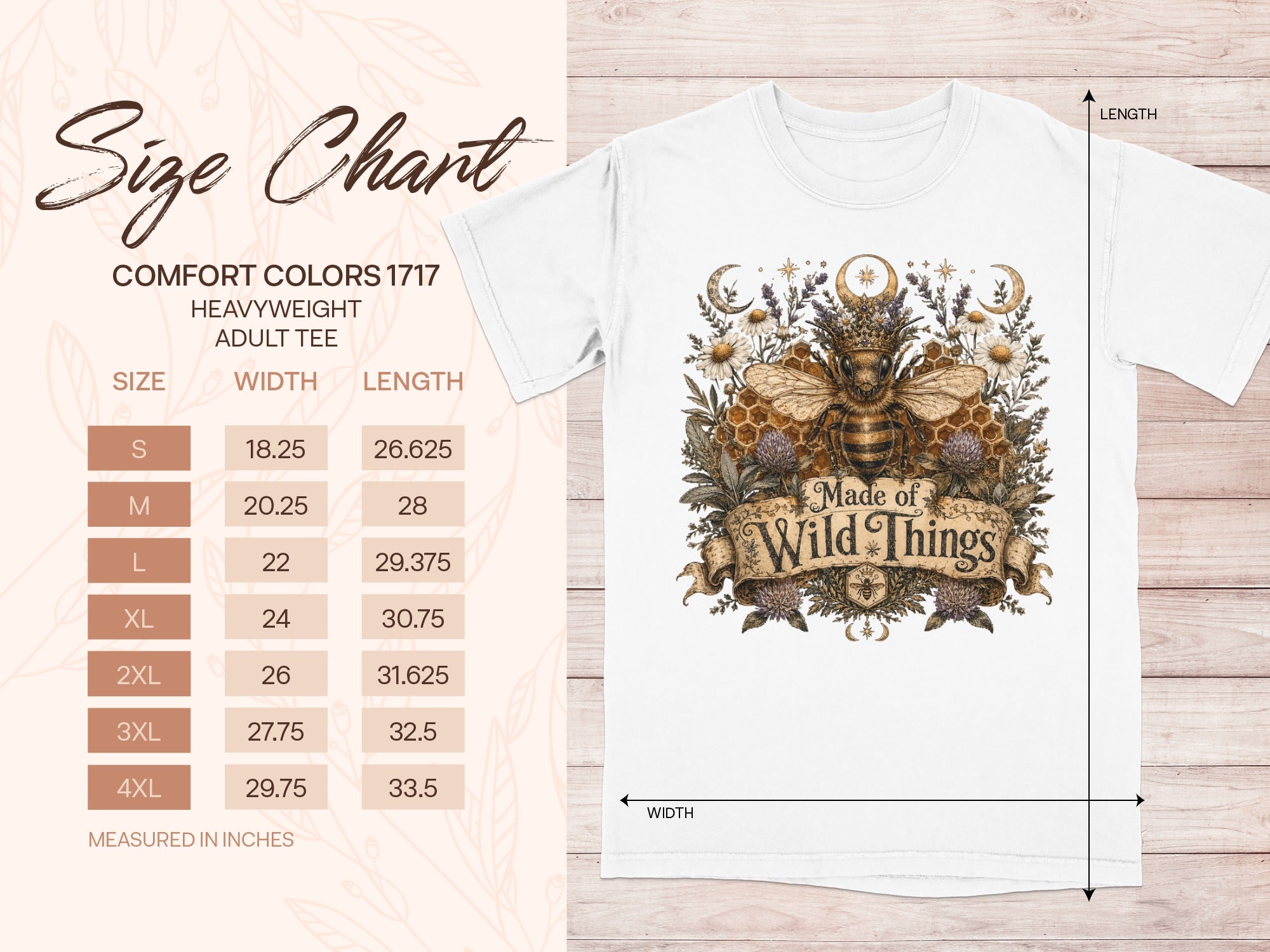 Comfort Colors 1717 size chart for adult tees with bee and "Made of Wild Things" graphic.