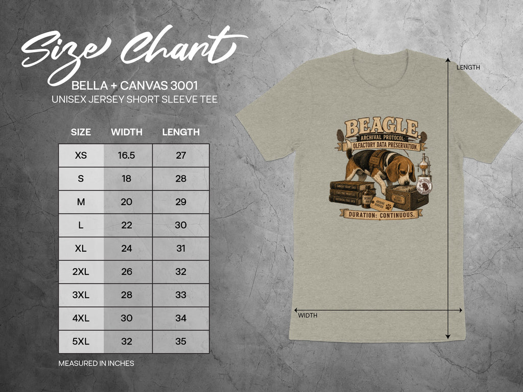 Beagle Archival Protocol: Olfactory Data Preservation graphic on a Bella + Canvas unisex t-shirt size chart.