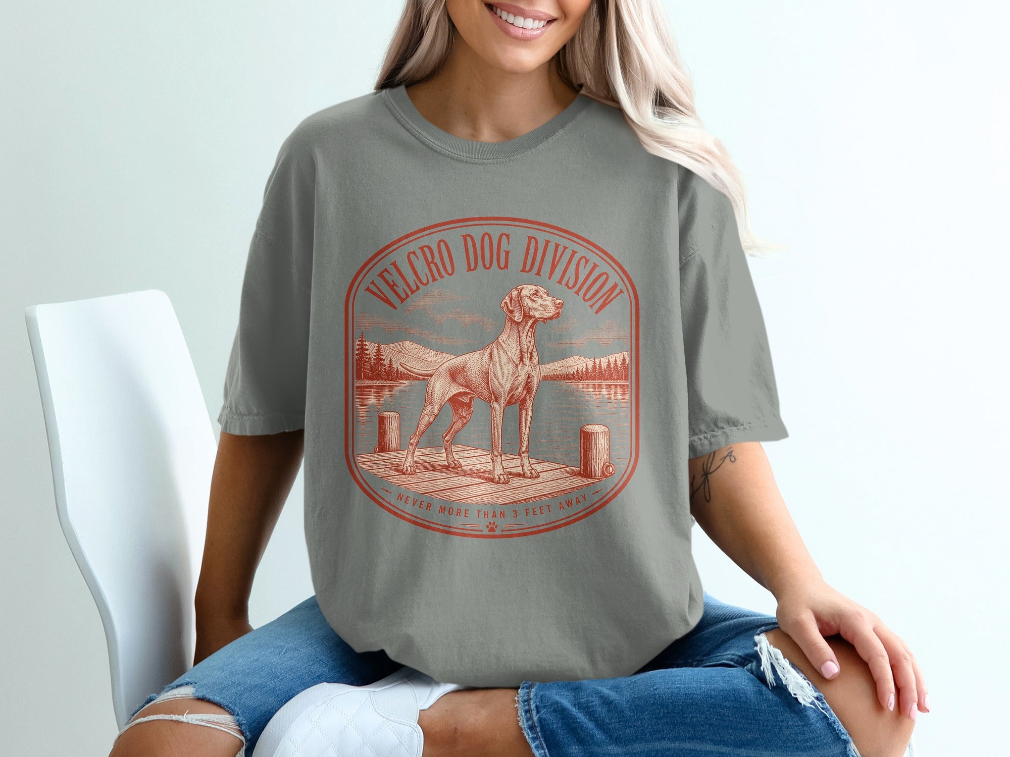 Velcro Dog Division graphic with dog on pier, lake, and mountains.