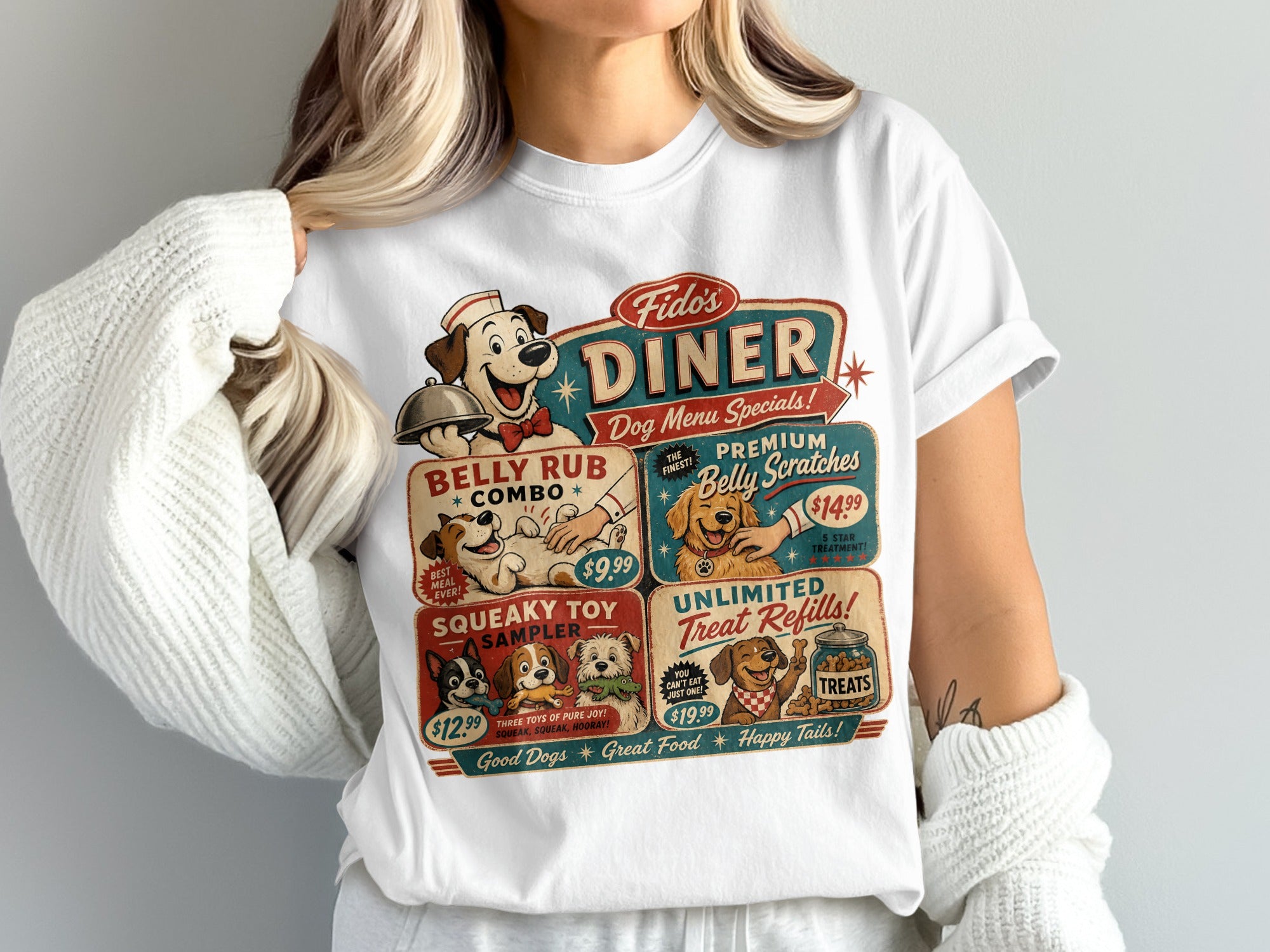 Fido's Diner dog menu specials with dogs enjoying belly rubs and treats.