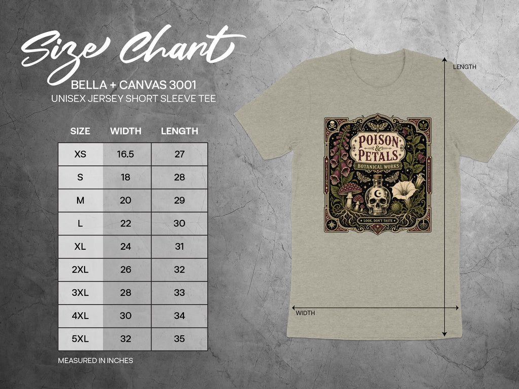 Size chart for BELLA + CANVAS 3001 unisex jersey short sleeve tee.