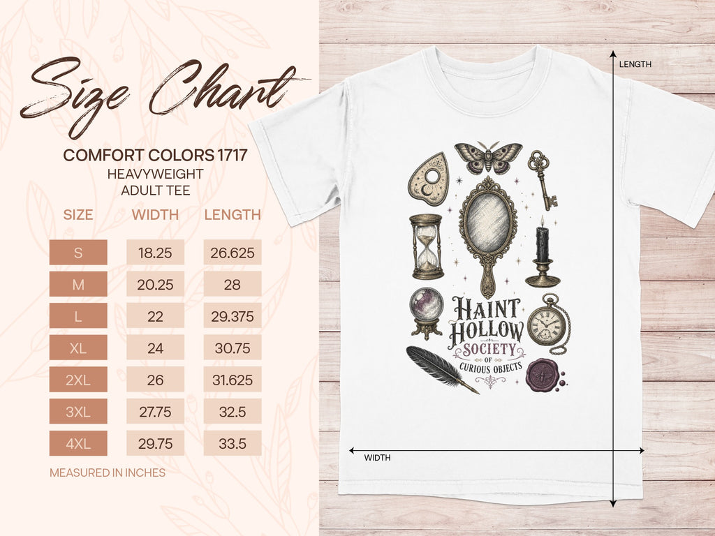 Comfort Colors 1717 adult tee size chart with "Haunt Hollow Society" graphic.