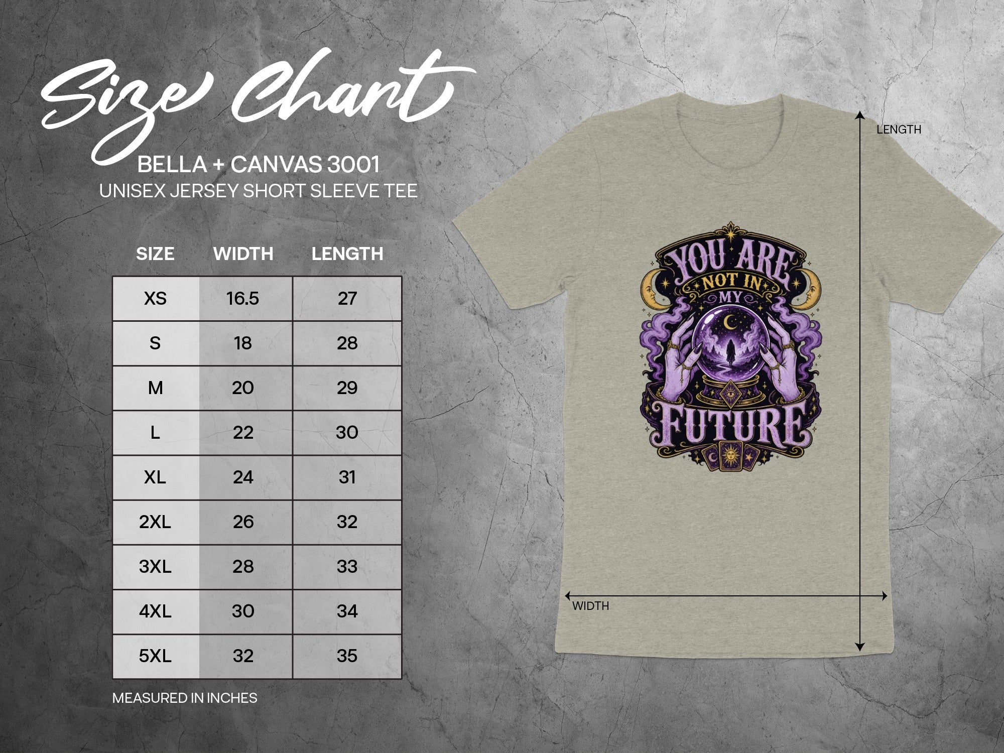 Bella + Canvas 3001 size chart for unisex jersey short sleeve tees.
