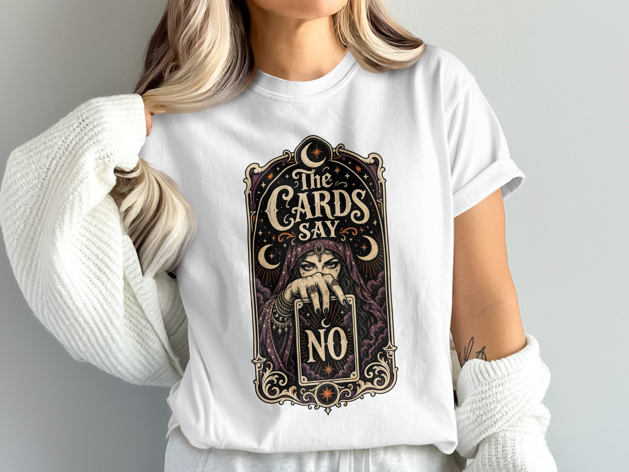 A mystical woman on a white t-shirt with text "The Cards Say NO".