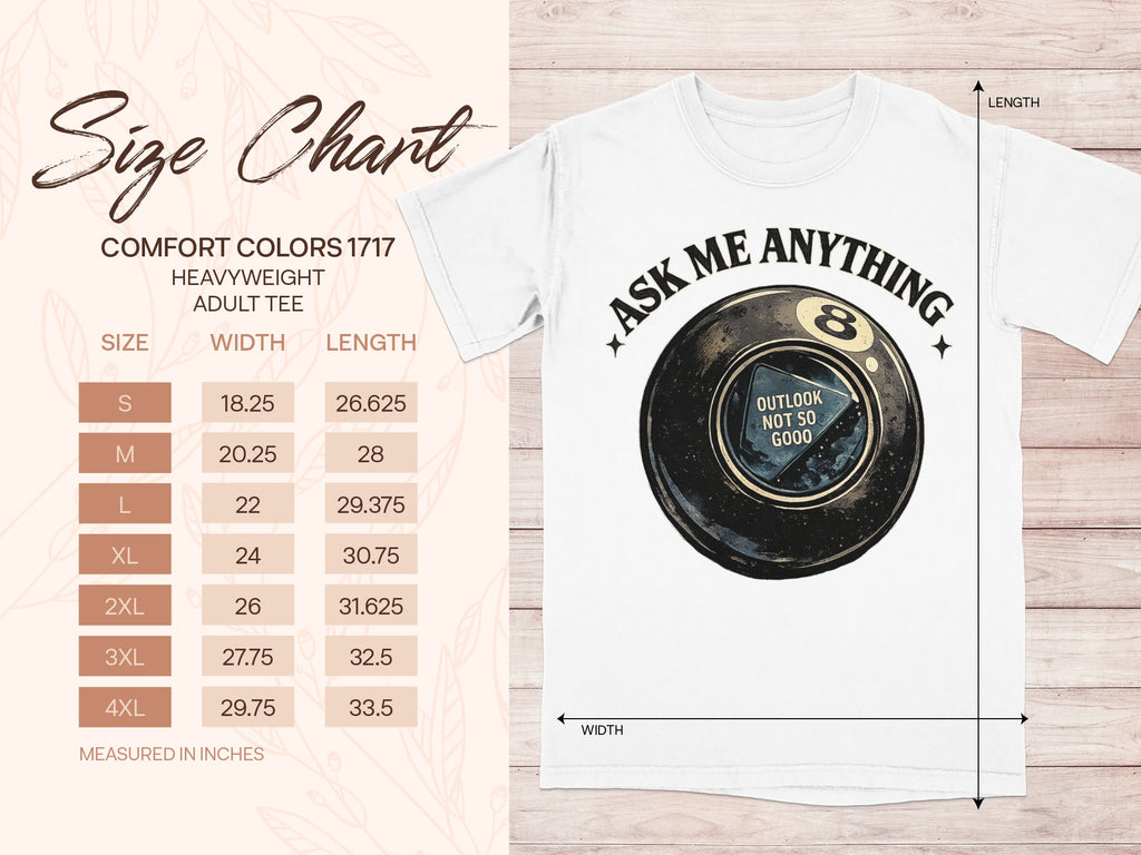White adult tee with 'Ask Me Anything' and Magic 8 Ball graphic, includes size chart.