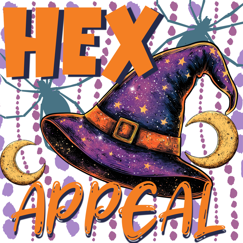 "HEX Appeal" text with a witch hat and crescent moons on a spider web background.
