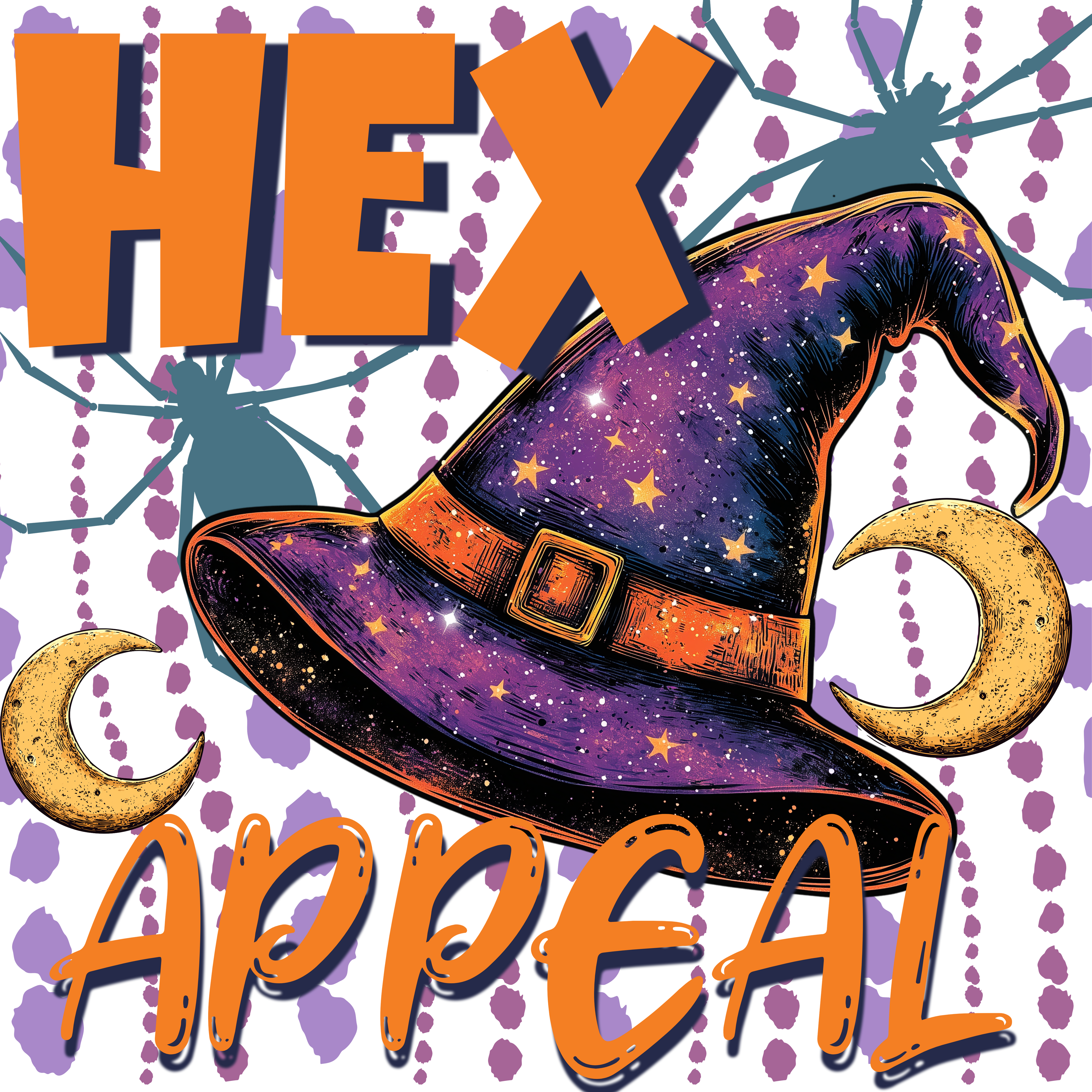 "HEX Appeal" text with a witch hat and crescent moons on a spider web background.