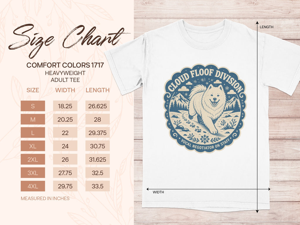 Size chart for Comfort Colors 1717 heavyweight adult tee with width and length measurements.