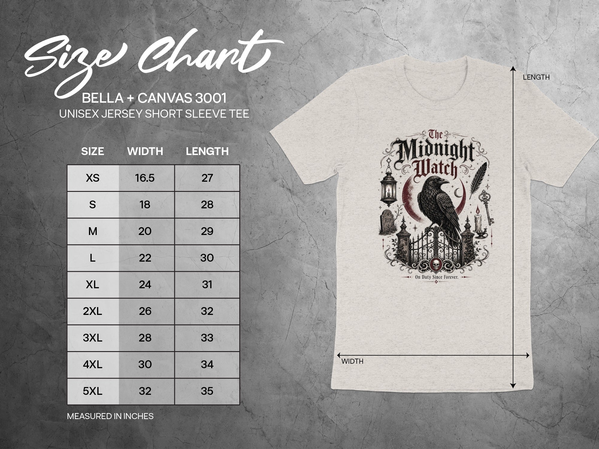 Size chart for Bella + Canvas 3001 unisex short sleeve tee.