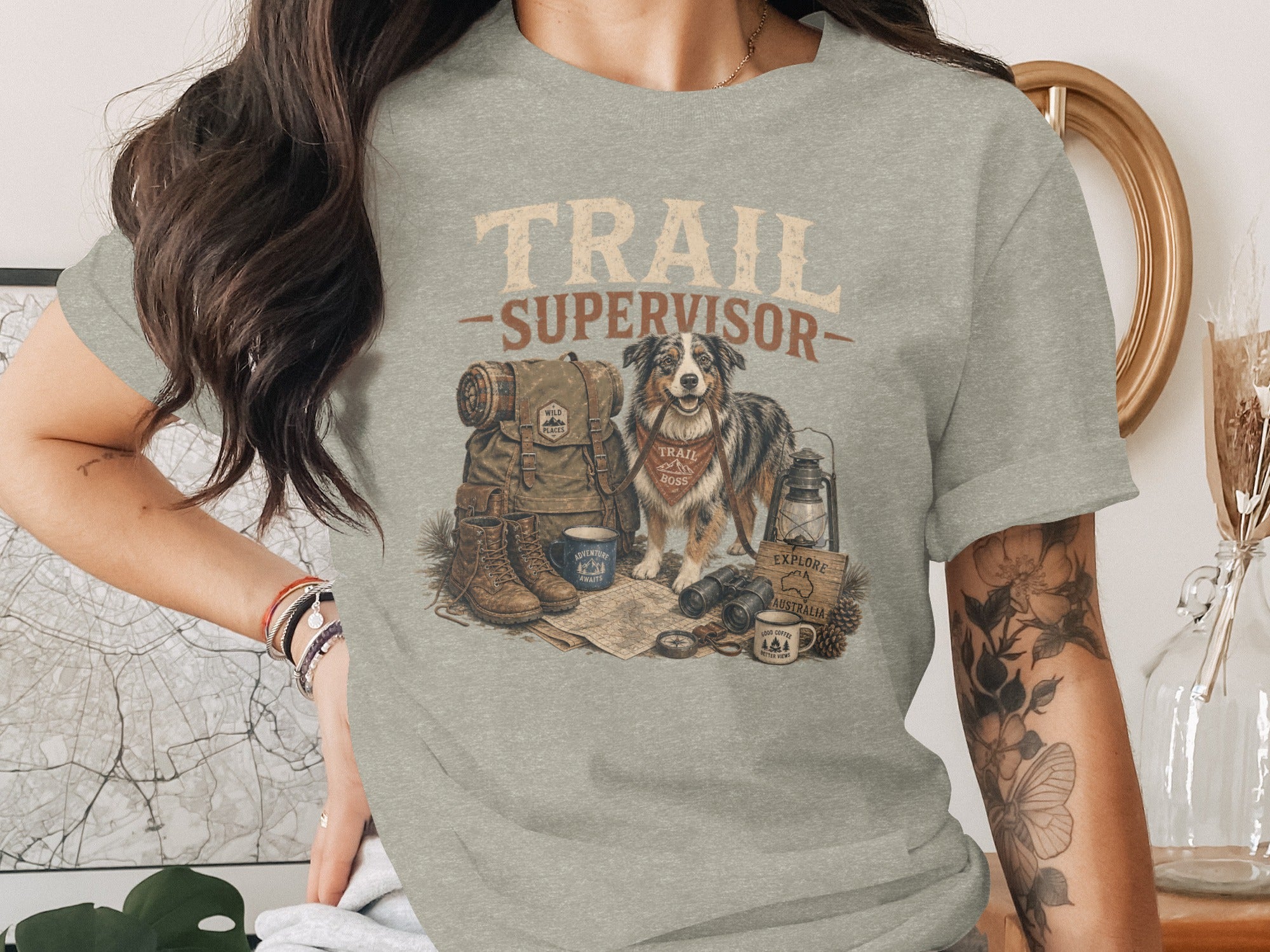 T-shirt with "Trail Supervisor" text and Australian Shepherd dog with camping gear.