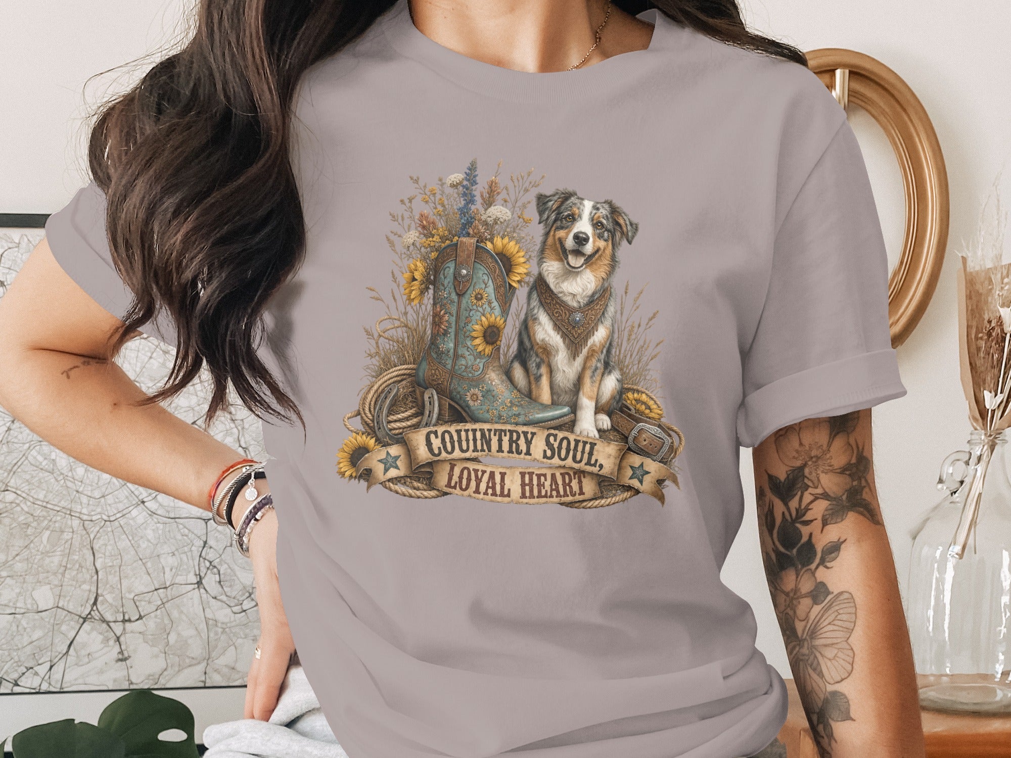 Australian Shepherd with cowboy boot, sunflowers and banner saying "Country Soul, Loyal Heart".