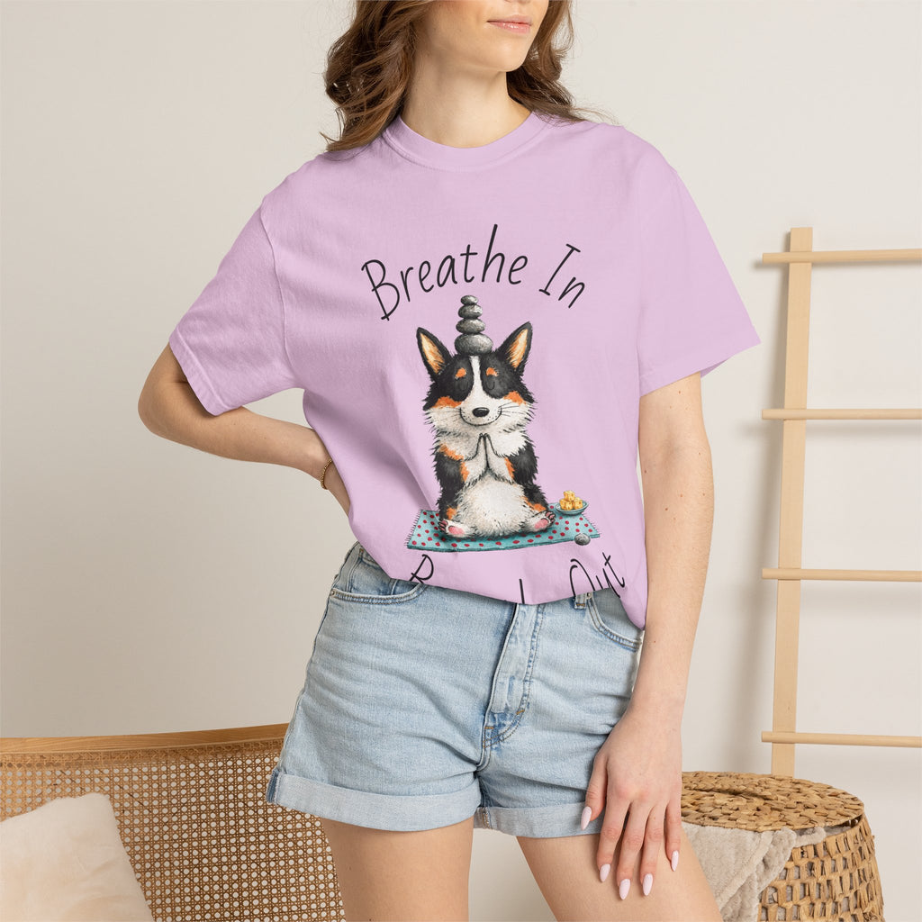Meditating Corgi T-Shirt — "Breathe In, Breathe Out" Cute Yoga Dog Tee