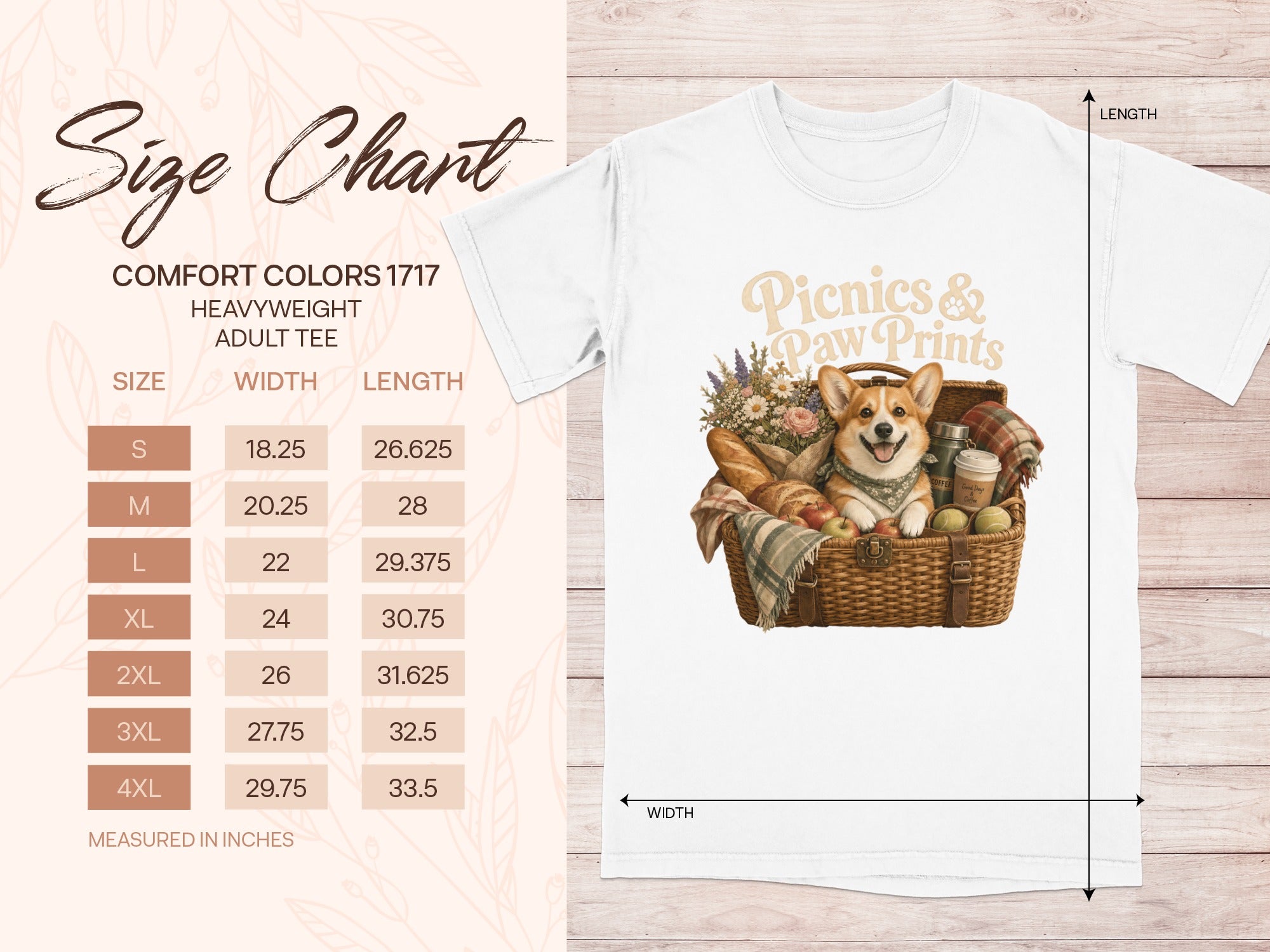 Size chart for Comfort Colors 1717 heavyweight adult tee with corgi picnic graphic.