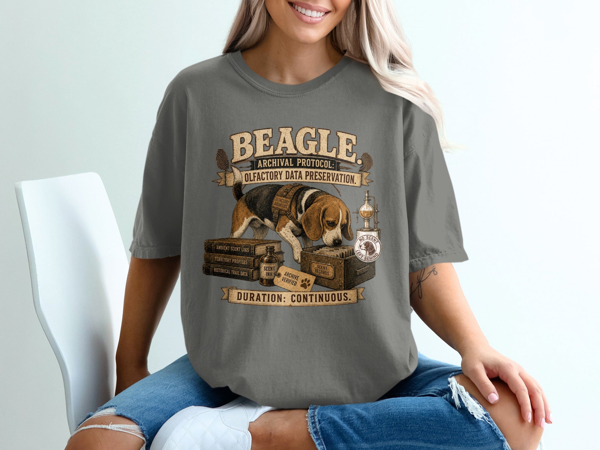 Beagle wearing an "Olfactory Archivist" vest near scent records and books.