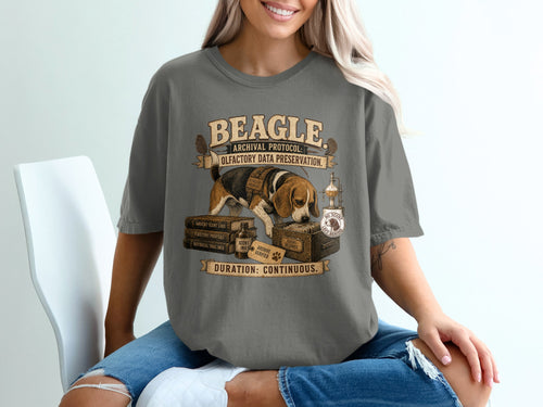 Beagle wearing an "Olfactory Archivist" vest near scent records and books.