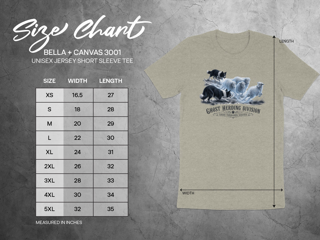 Size chart for Bella + Canvas 3001 unisex tee with ghost herding graphic.
