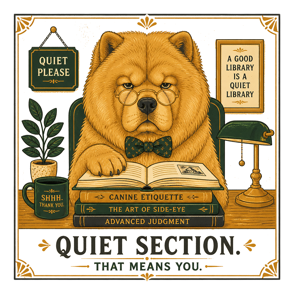 Chow chow dog wearing glasses and bow tie reads books, "Quiet Section."