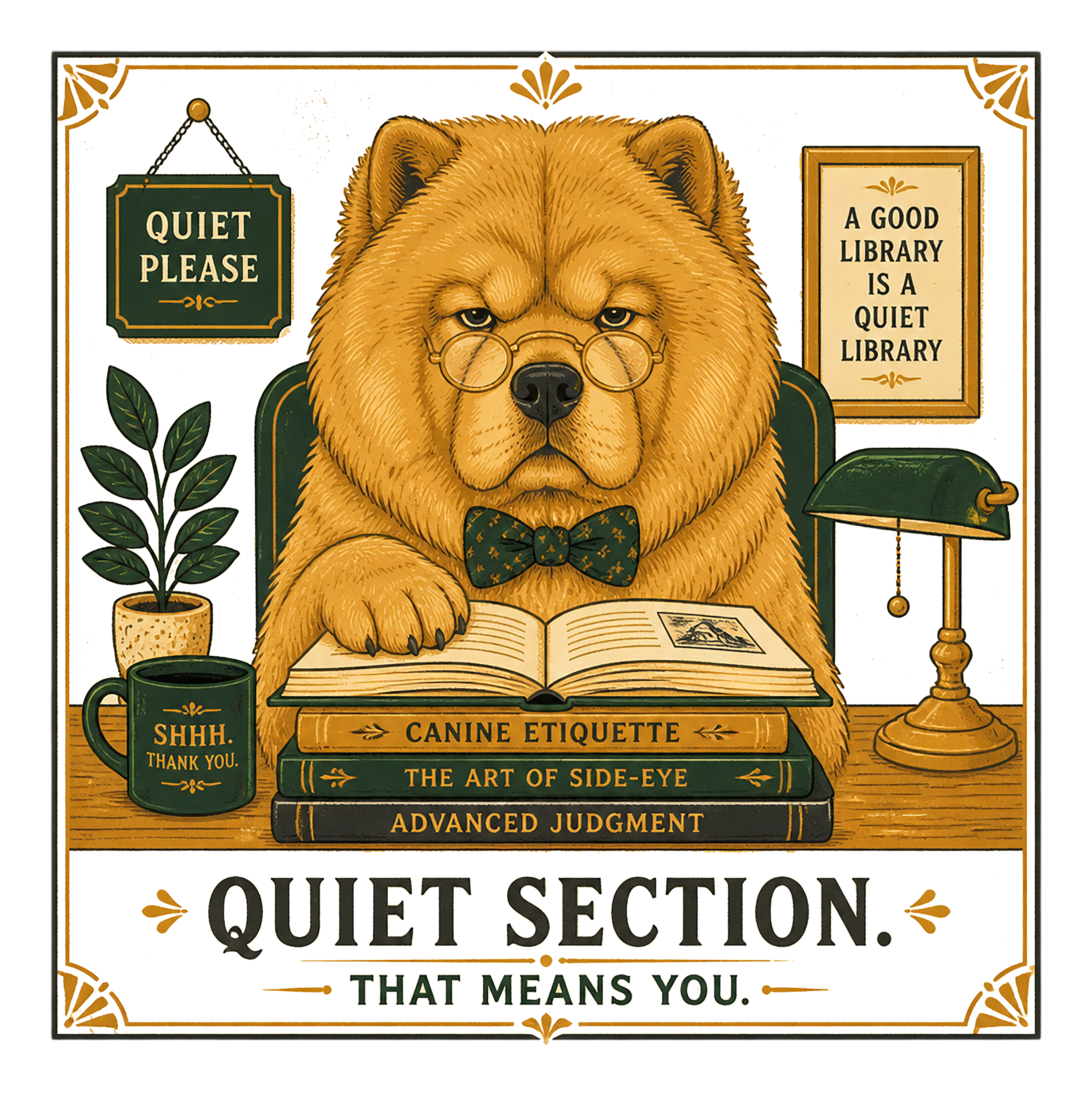 Chow chow dog wearing glasses and bow tie reads books, "Quiet Section."