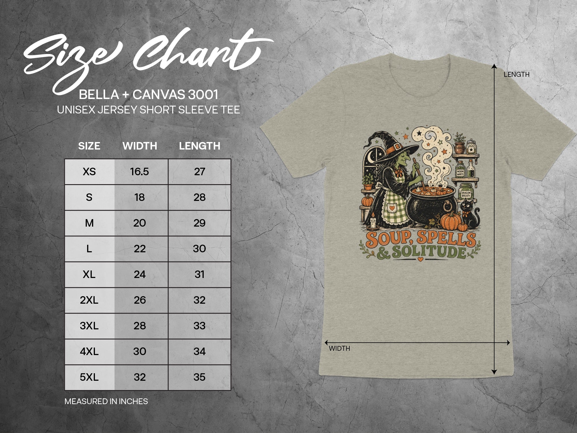 Bella+Canvas 3001 unisex tee size chart with measurements and Halloween witch graphic.