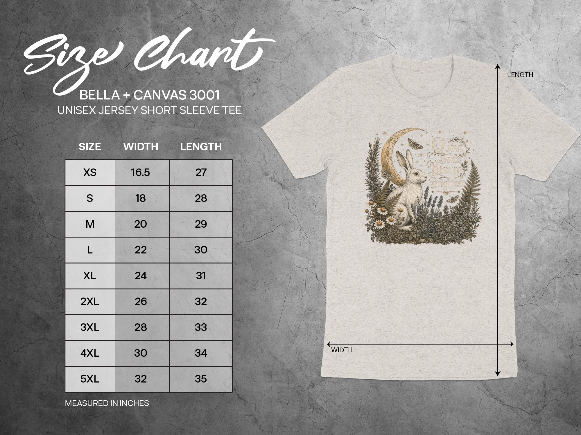 Size chart for Bella + Canvas 3001 unisex short sleeve tee, measured in inches.