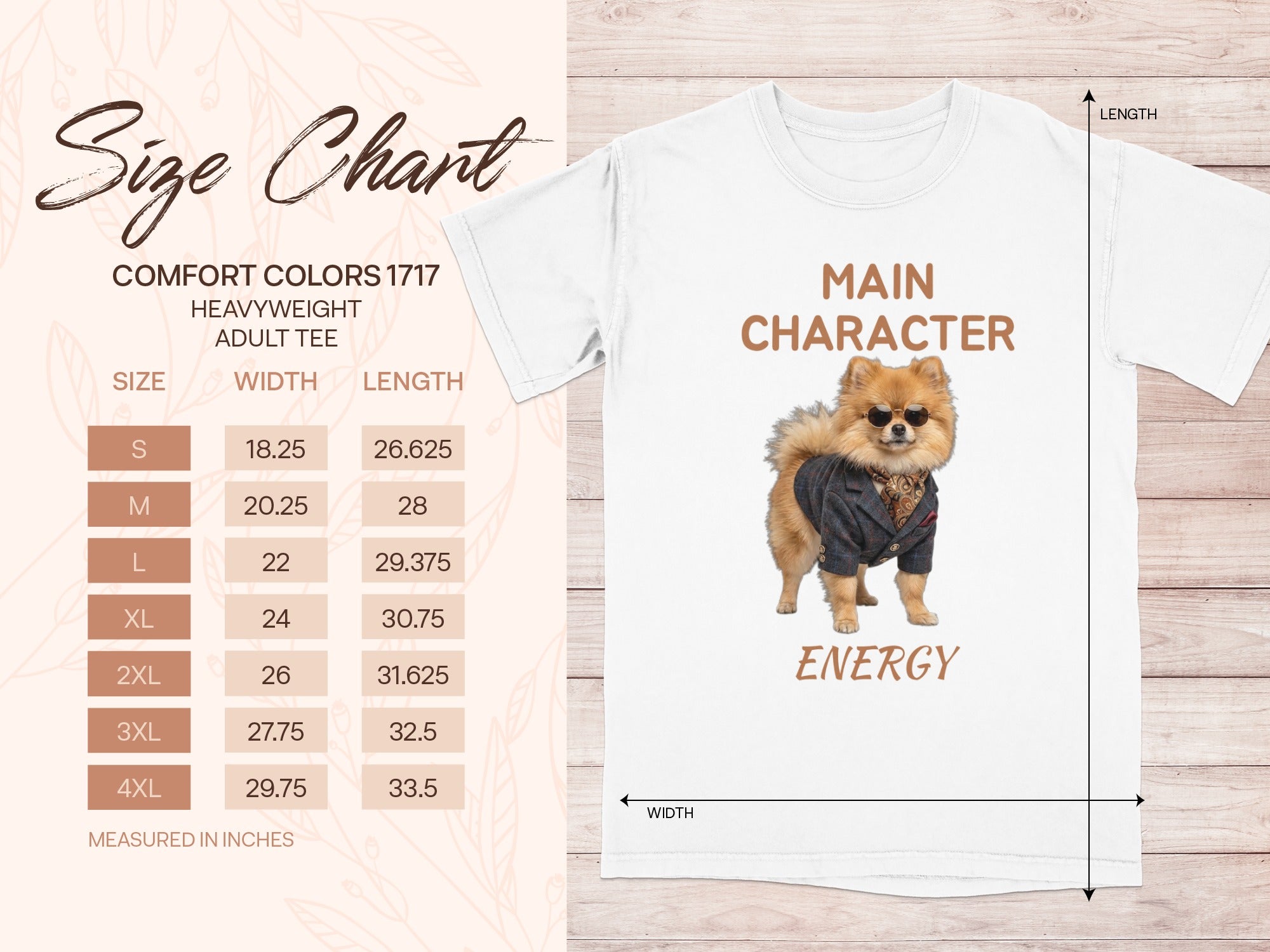 Size chart and white t-shirt with "Main Character Energy" and a Pomeranian dog.