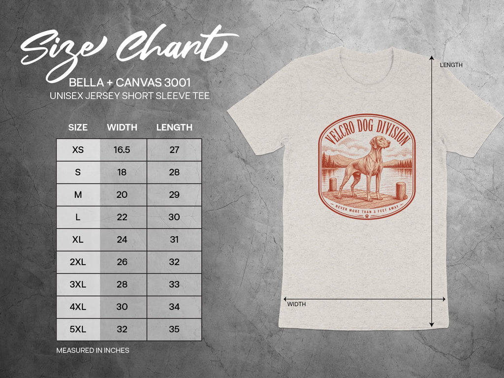 Bella + Canvas 3001 size chart for unisex short sleeve tee with dog graphic.