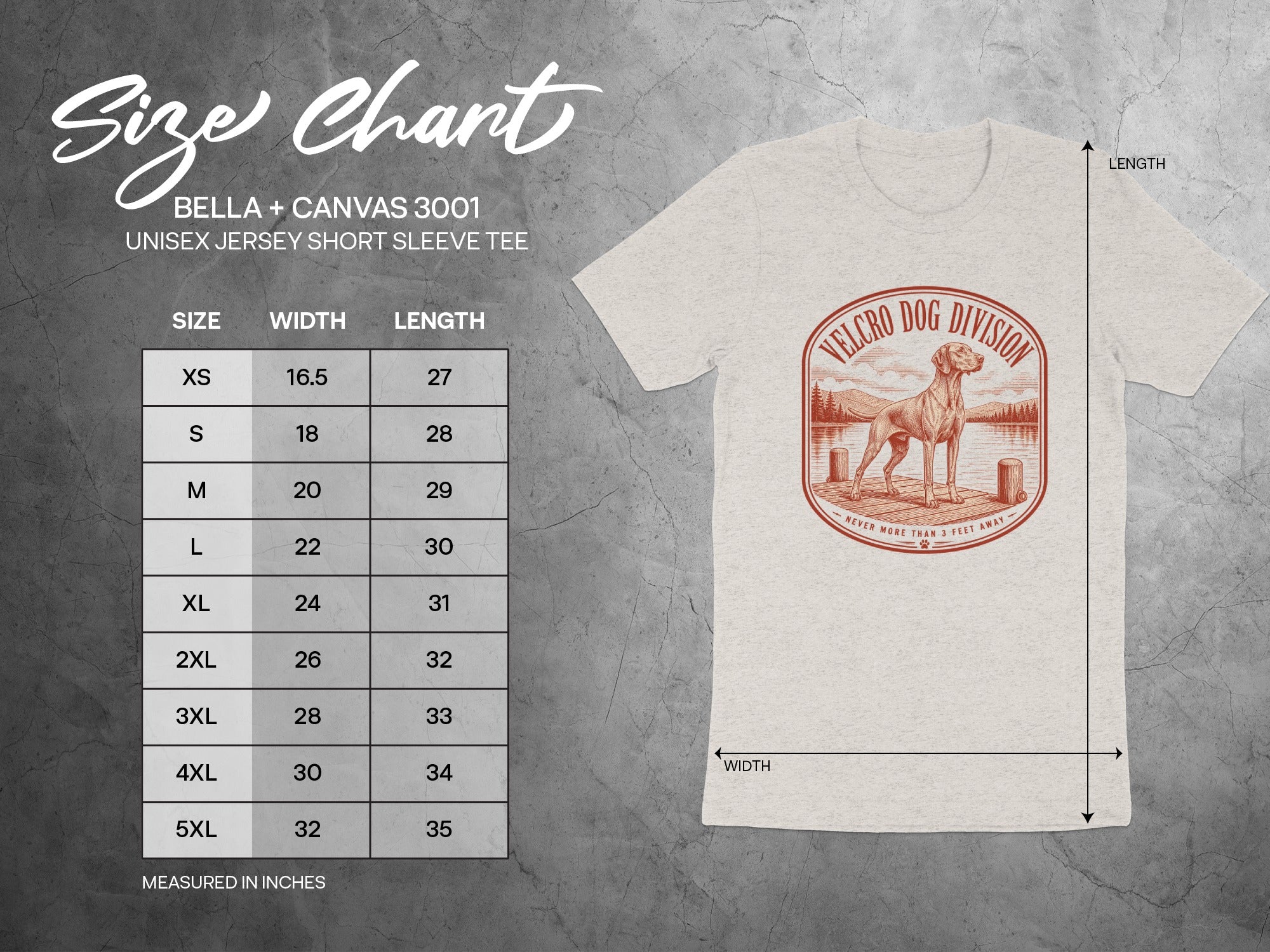 Bella + Canvas 3001 size chart for unisex short sleeve tee with dog graphic.