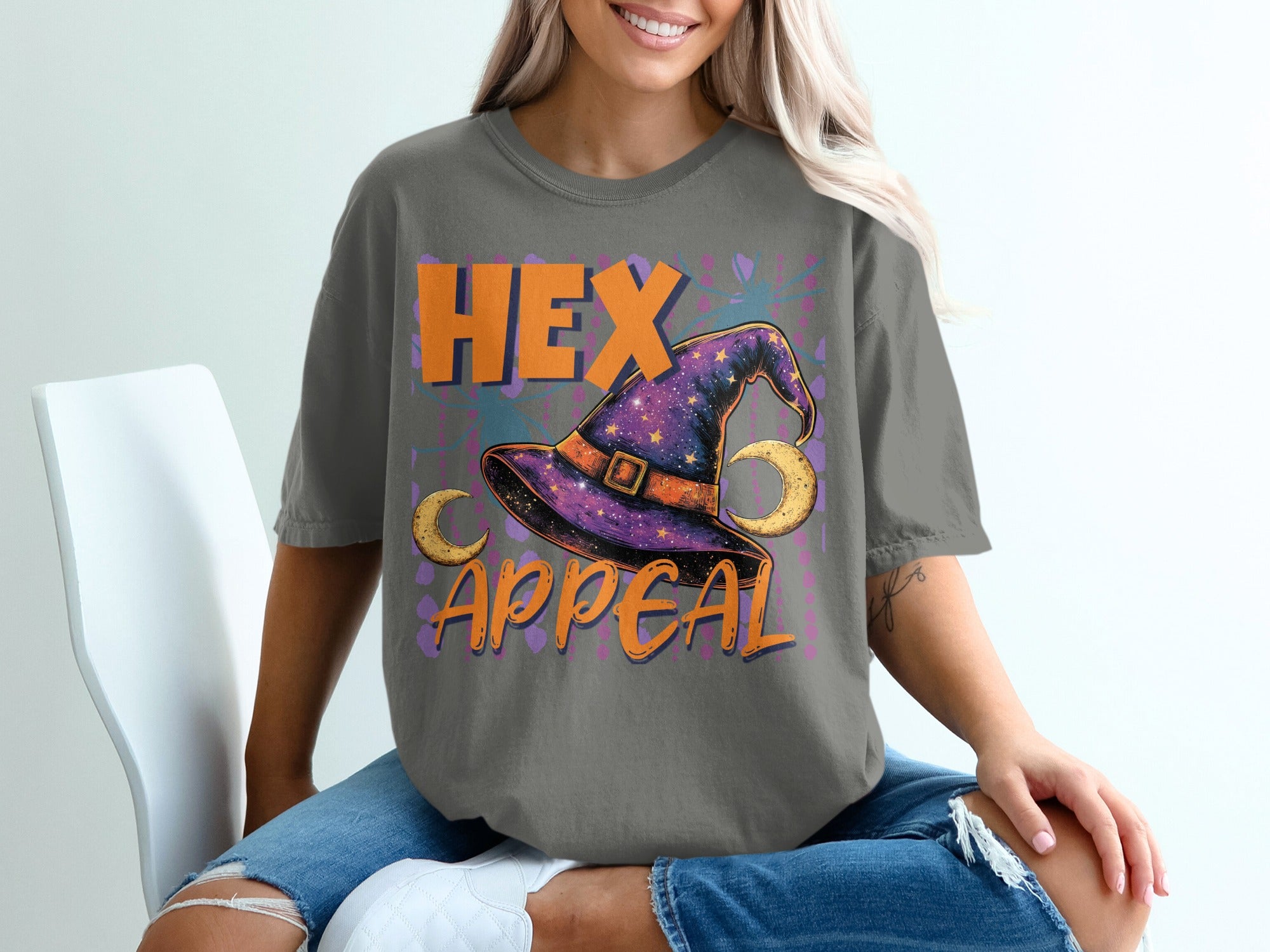 Gray t-shirt with "HEX Appeal" text and a starry witch hat graphic.