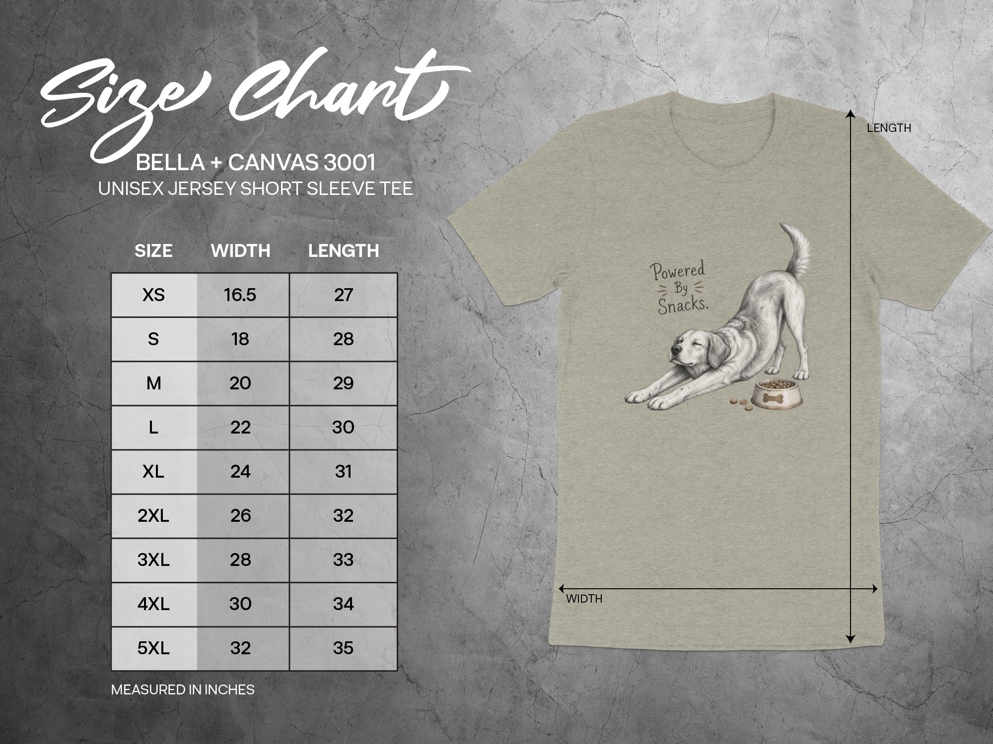 BELLA + CANVAS 3001 size chart for unisex short sleeve tee with dog graphic.