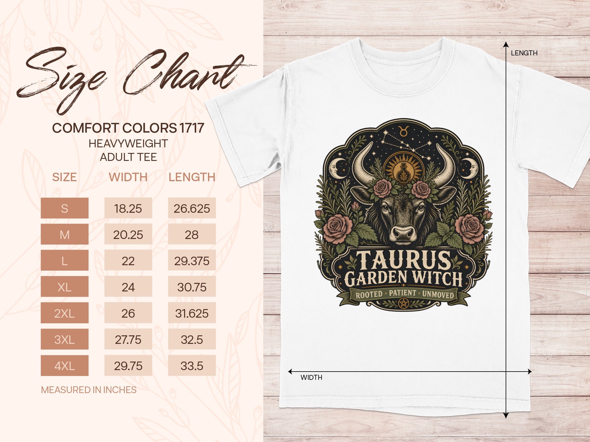 Taurus Garden Witch graphic tee size chart with Comfort Colors 1717 sizing.